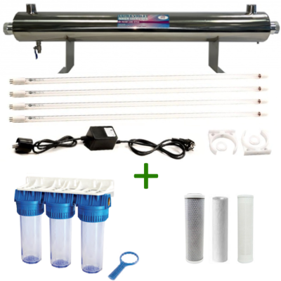 Kit stérilisateur UV 110W ECO + 4 lampes + triple porte filtre + 3 cartouches
